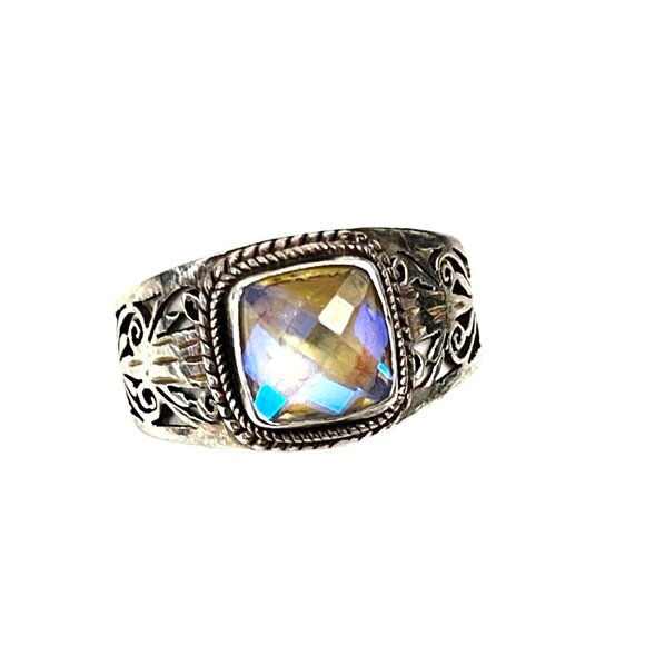 Natural Rainbow Moonstone Sterling Faceted Bezel Set Handmade Ring Size 8 - Picture 3 of 8
